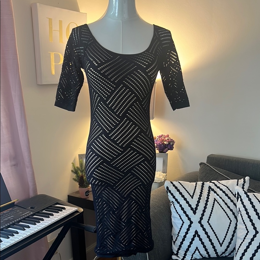 Bebe Bodycon Dress. Black w/ Nude Underlay.